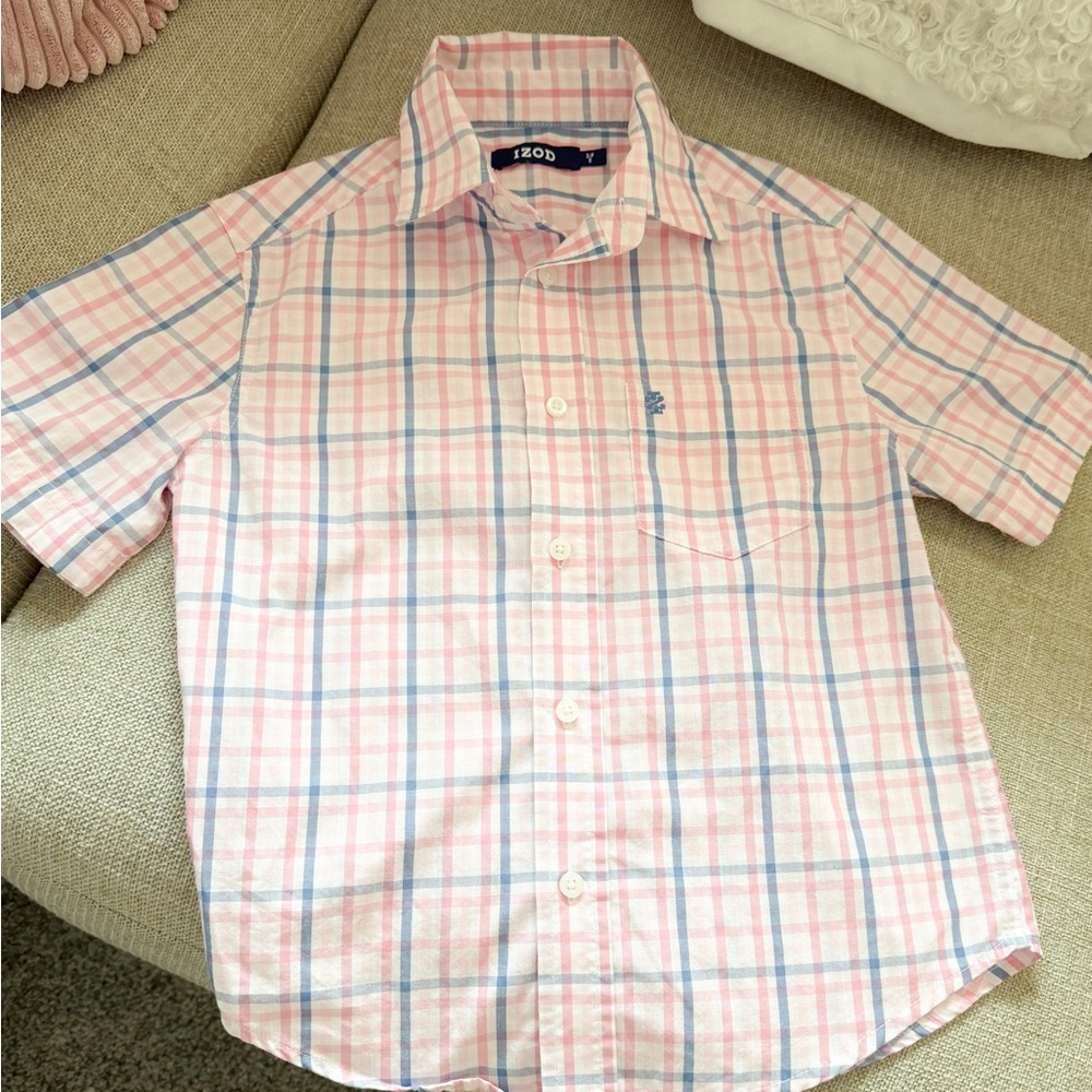 Izod boys Pink and Blue Plaid Button Down Shirt Sz 8